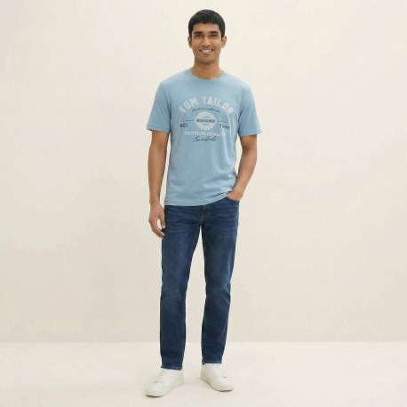 T-shirt en coton bleu avec un imprimé de la marque et une coupe droite - Image 5