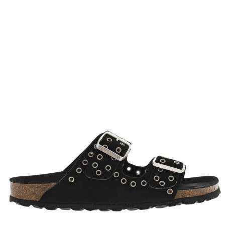 Mules en cuir noires à talon plat et boucles à ardillon argentées - Image 2