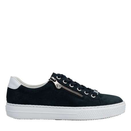 Tennis en cuir bleu marine à talon plat avec un zip et des lacets plats - Image 2