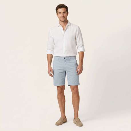 Short en coton bleu à coupe droite pourvu de poches italiennes - Image 3