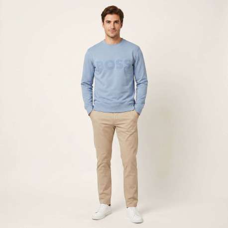 Sweat en coton bleu clair uni avec une coupe droite et un col rond - Image 4