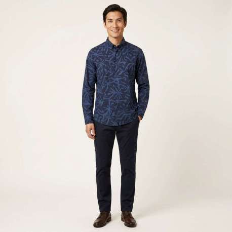 Chemise en coton marine imprimée avec une coupe droite et des manches longues - Image 6