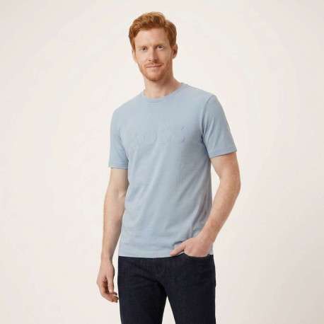 T-shirt en coton bleu à coupe droite pourvu d'un col rond lisse - Image 3