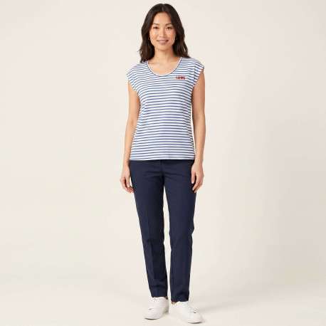 T-shirt écru pourvu de rayures bleues horizontales et d'un col rond - Image 4