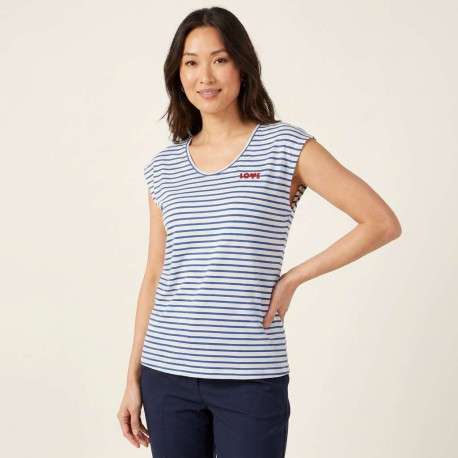 T-shirt écru pourvu de rayures bleues horizontales et d'un col rond - Image 5