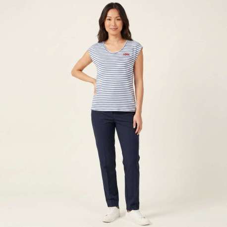 T-shirt écru pourvu de rayures bleues horizontales et d'un col rond - Image 6