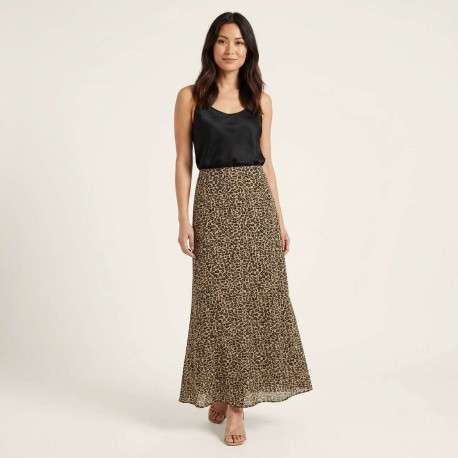 Jupe longue beige pourvu de motif animalier avec une coupe fluide - Image 3
