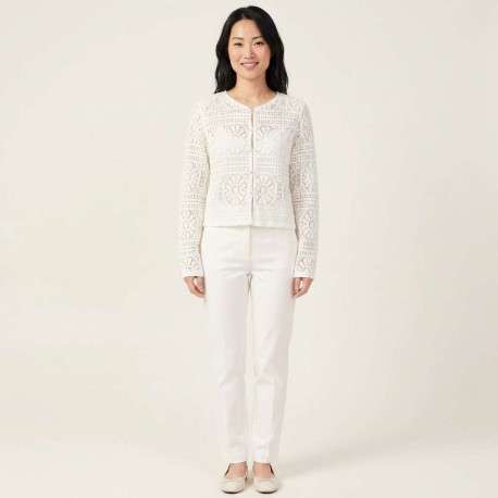 Gilet en coton blanc à motif floral avec une coupe droite et un col rond - Image 3