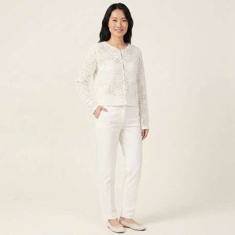 Gilet en coton blanc à motif floral avec une coupe droite et un col rond - Image 4