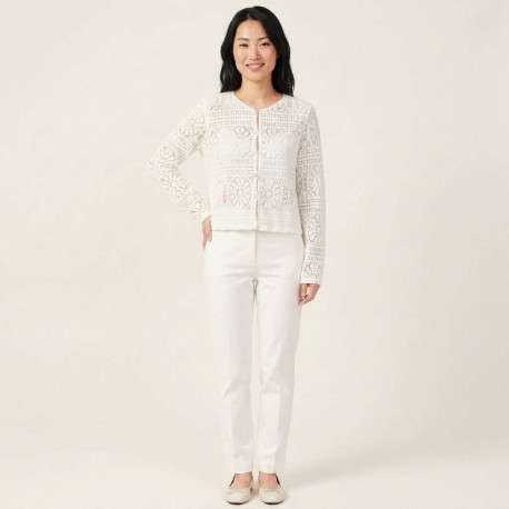 Gilet en coton blanc à motif floral avec une coupe droite et un col rond - Image 5