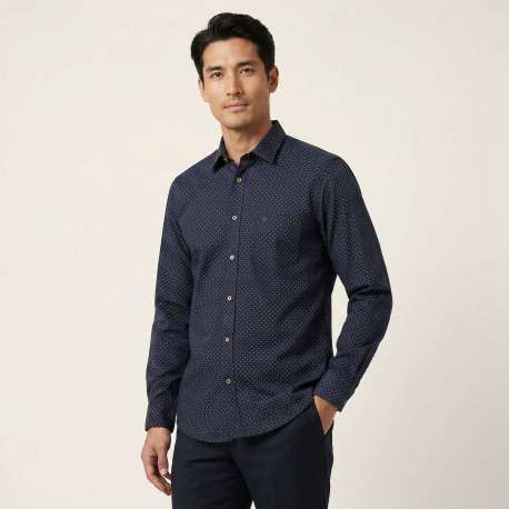 Chemise marine à motifs avec un col à revers et des manches longues - Image 6
