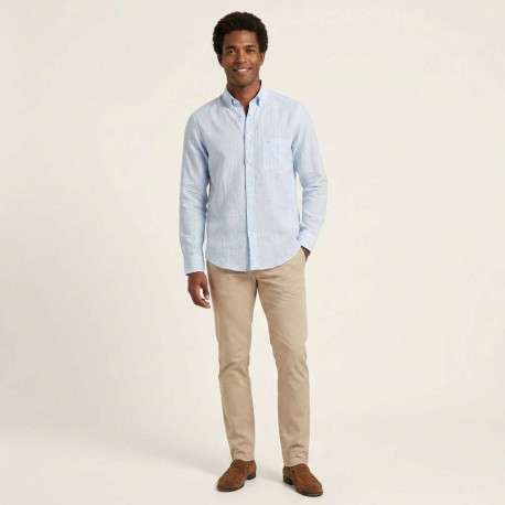 Chemise bleue claire en lin à rayures avec une coupe droite et un col américain - Image 5