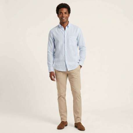 Chemise bleue claire en lin à rayures avec une coupe droite et un col américain - Image 6