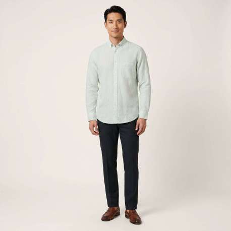 Chemise verte en lin à rayures pourvue avec une coupe droite et un col américain - Image 4