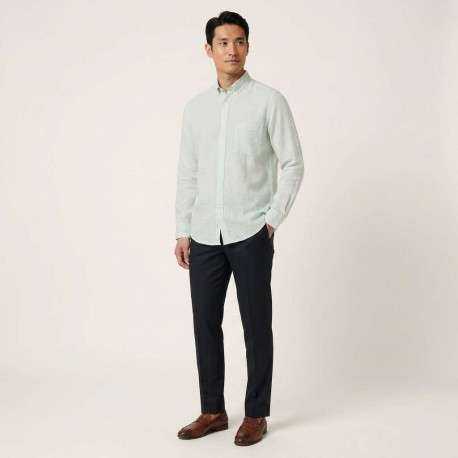 Chemise verte en lin à rayures pourvue avec une coupe droite et un col américain - Image 6