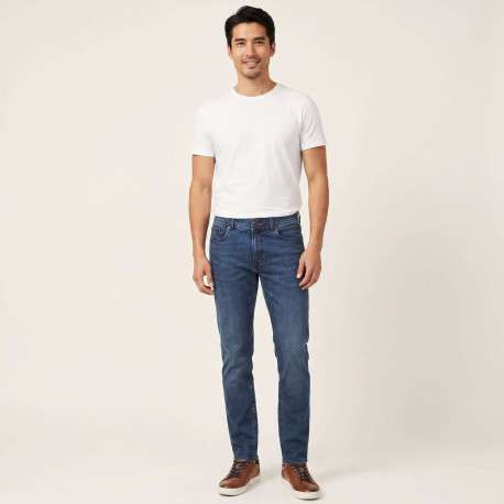 Jean en coton mélangé indigo uni pourvu d'une coupe slim et de multiples poches - Image 4