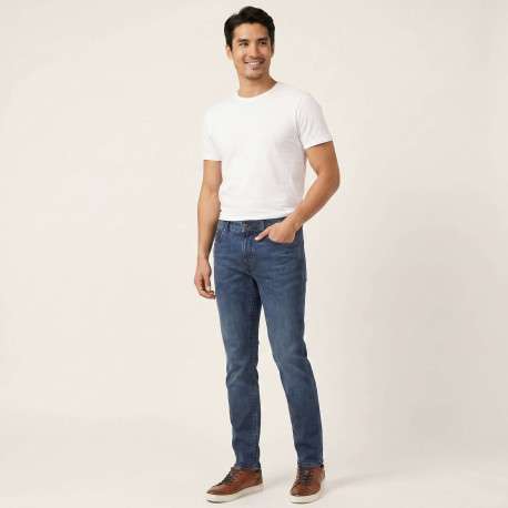 Jean en coton mélangé indigo uni pourvu d'une coupe slim et de multiples poches - Image 5