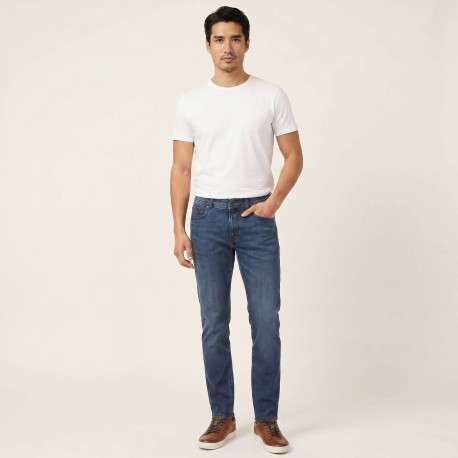 Jean en coton mélangé indigo uni pourvu d'une coupe slim et de multiples poches - Image 6