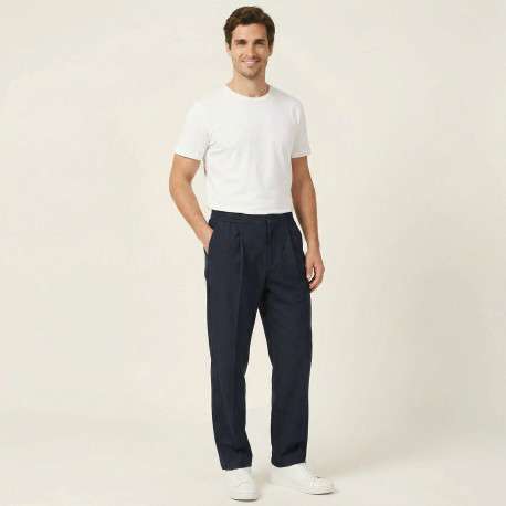Pantalon chino marine à plis pourvu d'une coupe droite et de poches plaquées - Image 6