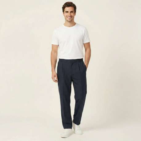Pantalon chino marine à plis pourvu d'une coupe droite et de poches plaquées - Image 7