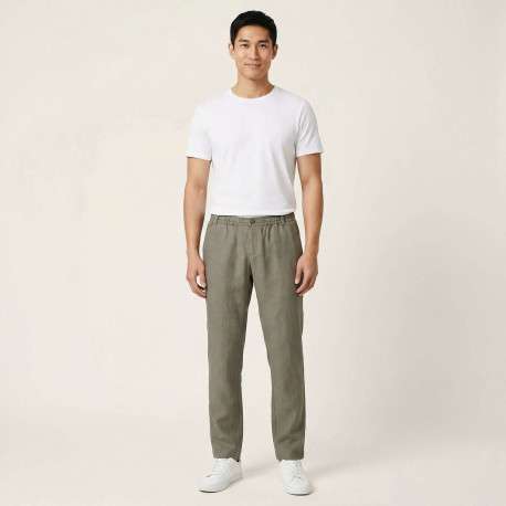 Pantalon chino kaki en lin pourvu d'une taille élastiquée froncée - Image 3