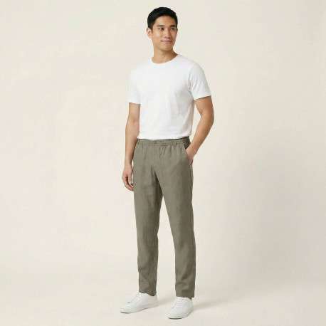 Pantalon chino kaki en lin pourvu d'une taille élastiquée froncée - Image 4