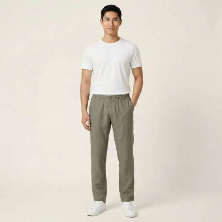 Pantalon chino kaki en lin pourvu d'une taille élastiquée froncée - Image 5