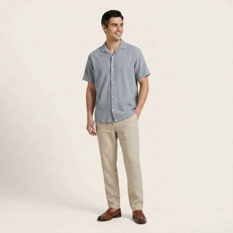 Chemise en coton bleue à coupe droite pourvue d'un col cubain - Image 3