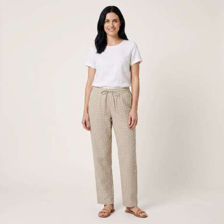 Pantalon Zoe en coton biologique beige à carreaux pourvu d'une coupe droite - Image 4