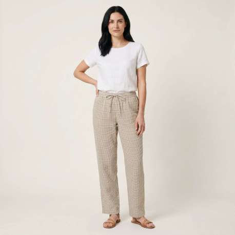 Pantalon Zoe en coton biologique beige à carreaux pourvu d'une coupe droite - Image 6