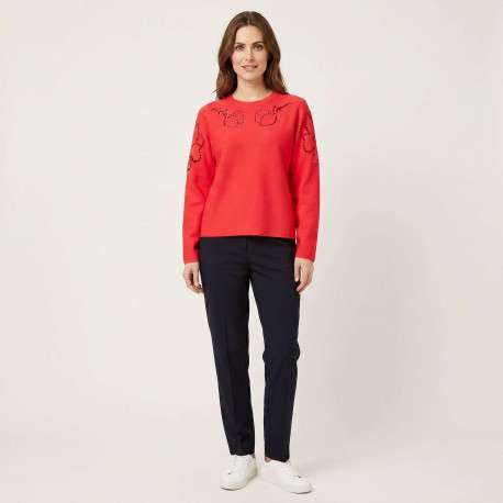 Sweat rouge uni pourvu de détails en maille ajourée et d'un col rond - Image 2