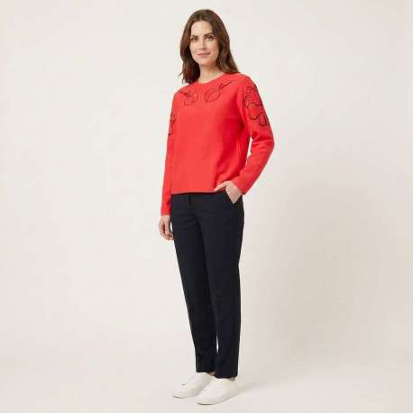 Sweat rouge uni pourvu de détails en maille ajourée et d'un col rond - Image 3