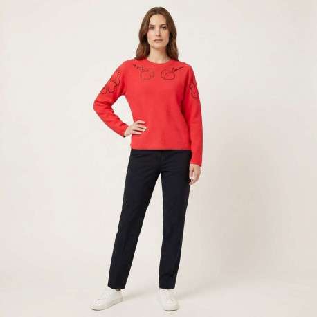 Sweat rouge uni pourvu de détails en maille ajourée et d'un col rond - Image 4