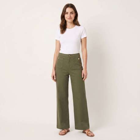 Pantalon Madeline en coton mélangé kaki uni pourvu d'une coupe large - Image 4