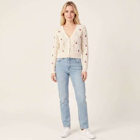 Gilet en coton mélangé beige avec des motifs cerises et à coupe droite - Image 4