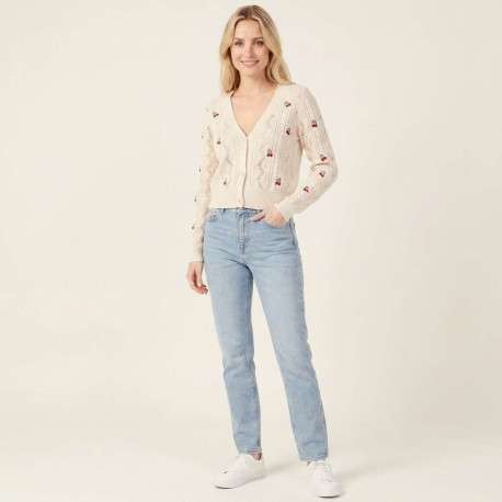 Gilet en coton mélangé beige avec des motifs cerises et à coupe droite - Image 5