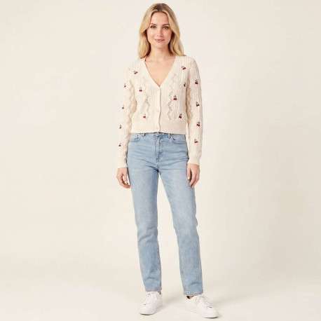 Gilet en coton mélangé beige avec des motifs cerises et à coupe droite - Image 6