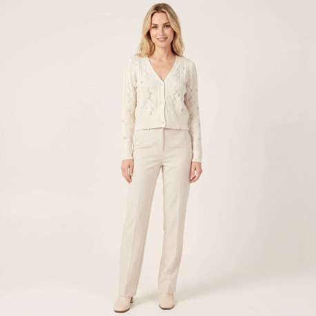 Gilet en coton mélangé écru uni pourvu de fleurs brodées et d'un col v - Image 4