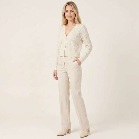 Gilet en coton mélangé écru uni pourvu de fleurs brodées et d'un col v - Image 5