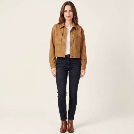 Blouson court camel uni avec une coupe droite et un col à revers - Image 3