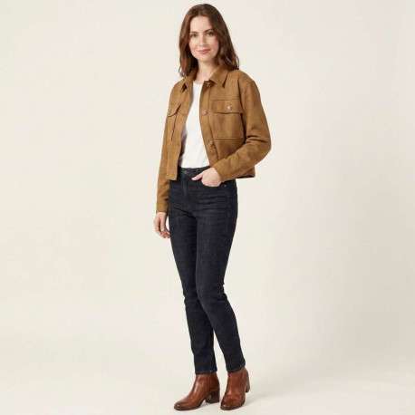 Blouson court camel uni avec une coupe droite et un col à revers - Image 4