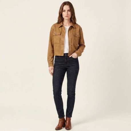Blouson court camel uni avec une coupe droite et un col à revers - Image 5