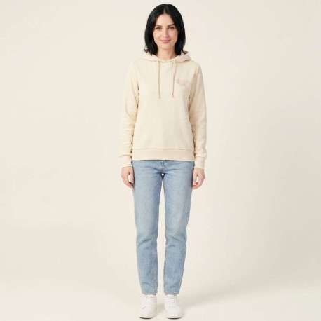 Sweat capuche en coton mélangé beige uni avec une coupe droite - Image 5
