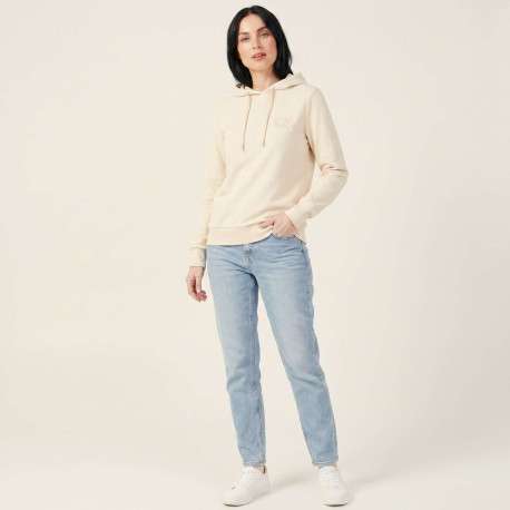Sweat capuche en coton mélangé beige uni avec une coupe droite - Image 7