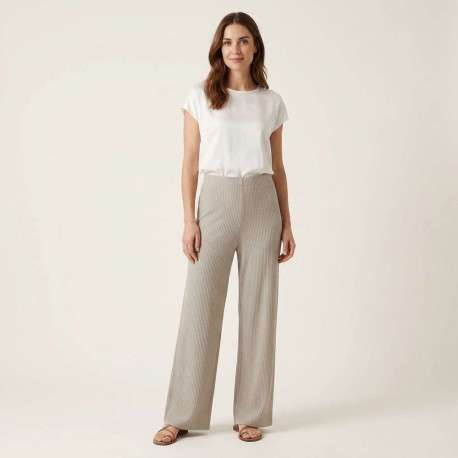 Pantalon beige uni pourvu d'une coupe large et d'une taille haute - Image 4