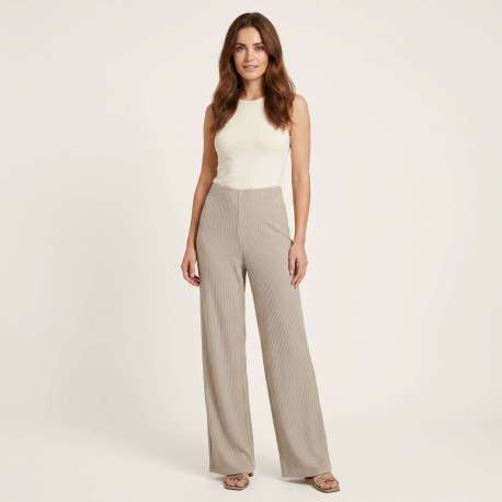 Pantalon beige uni pourvu d'une coupe large et d'une taille haute - Image 6