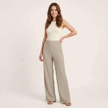 Pantalon beige uni pourvu d'une coupe large et d'une taille haute - Image 7