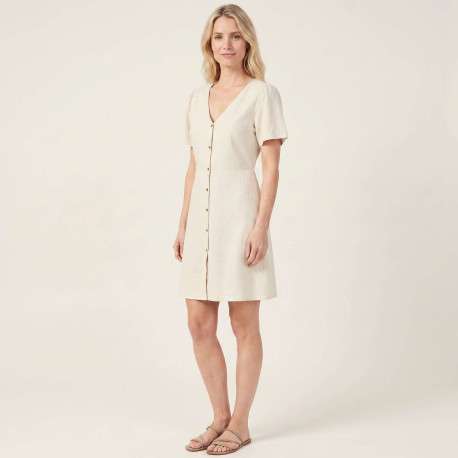 Robe courte en coton écrue unie avec une coupe fluide et un col v - Image 4