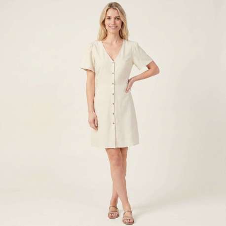 Robe courte en coton écrue unie avec une coupe fluide et un col v - Image 5