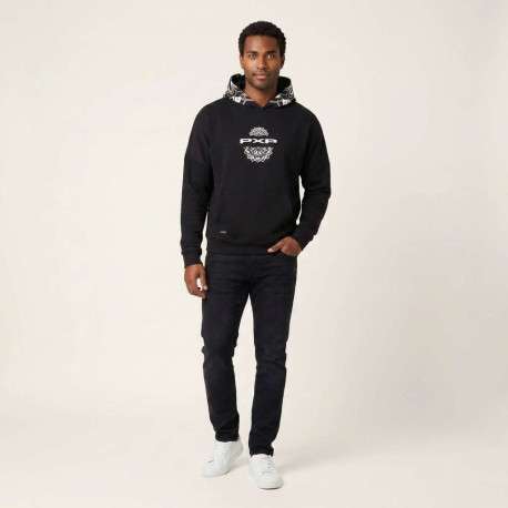 Pull noir à motifs avec une coupe droite à capuche et à manches longues - Image 6